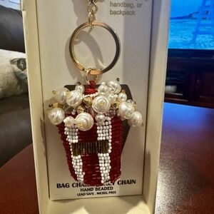 Haute Hippie Beaded Popcorn Bag Charm/Key Chain. NWT And Box.‎ Red And White.